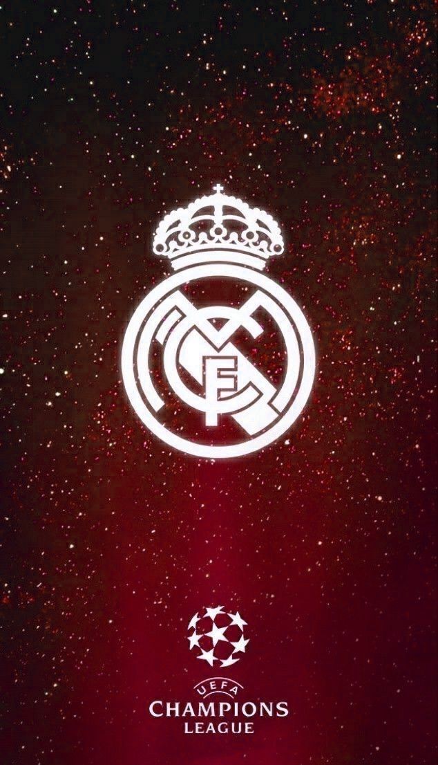 the real madrid logo is shown on a red background with stars and sparkles around it