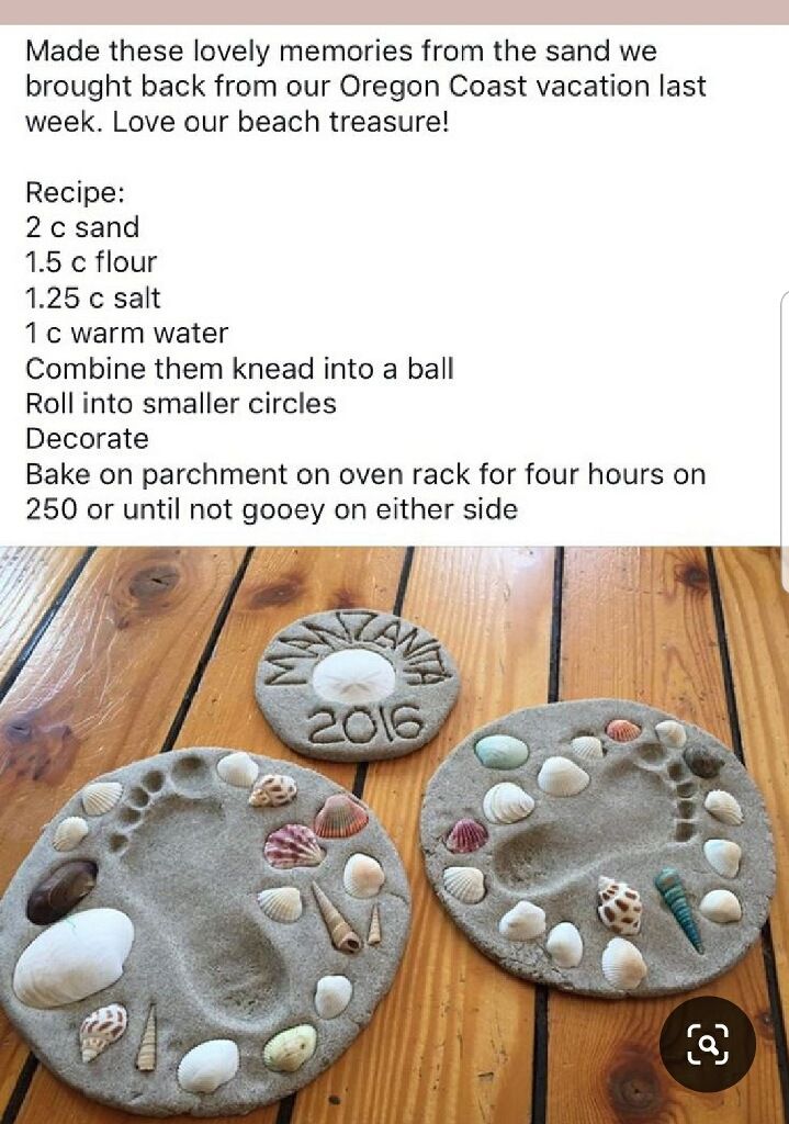 two beach themed stepping stones on a wooden floor with the words made these lovely memories from the sand we were making