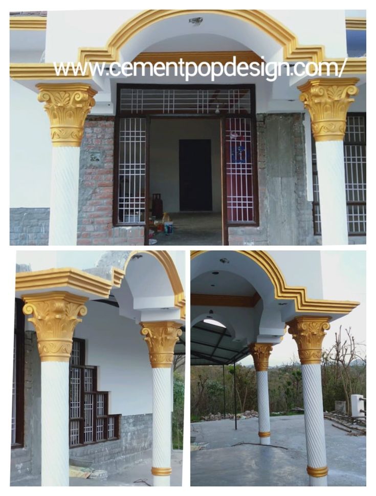 the front and side view of a building with columns, arches and doorways in gold and white