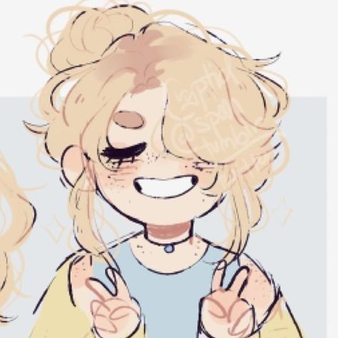 a drawing of a woman with blonde hair smiling and making the peace sign in front of her