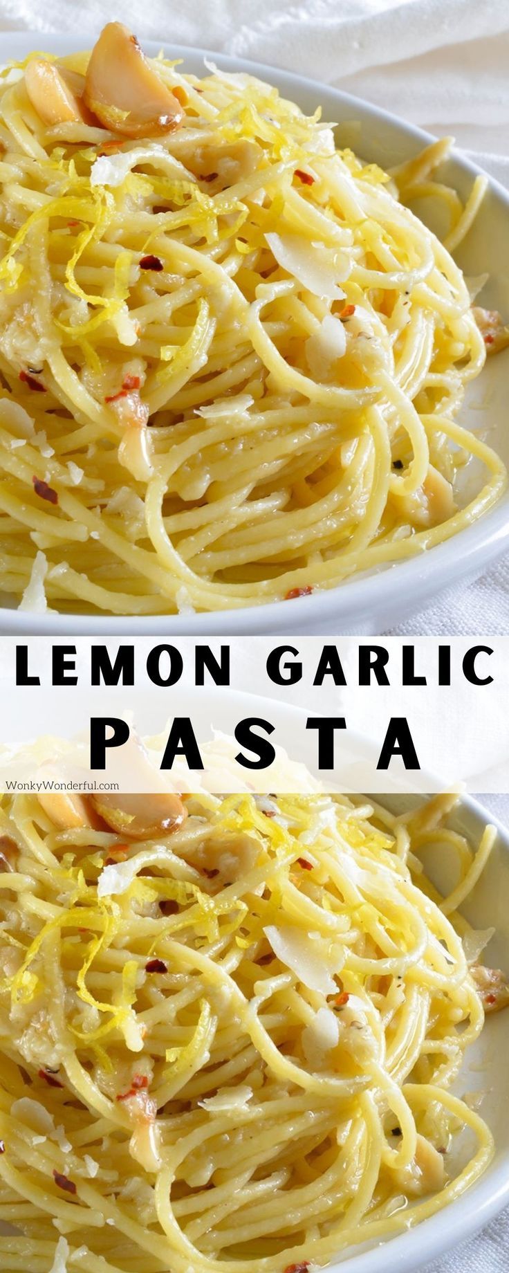 two white plates filled with lemon garlic pasta