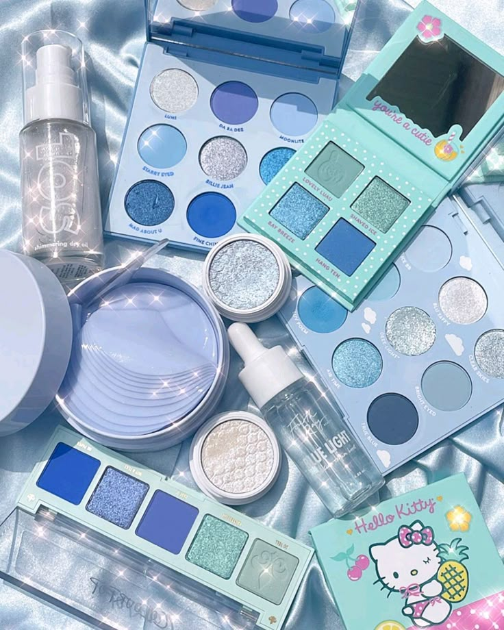 Blue Cosmetic Aesthetic, Blue Makeup Aesthetic Products, Blue Skincare Aesthetic, Blue Makeup Products, Blue Makeup Aesthetic, Blue Wonyoungism, Makeup Gifts Basket, Blue Skincare, Blue Eyeshadow Palette