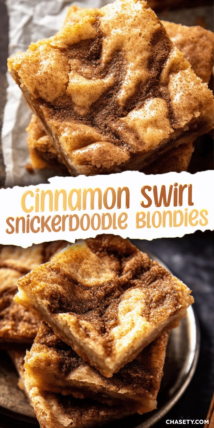 cinnamon swirl snickkerdoodle blondies are stacked on top of each other