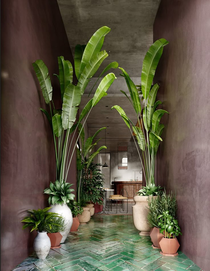 a long hallway with potted plants on either side and tiled flooring in between