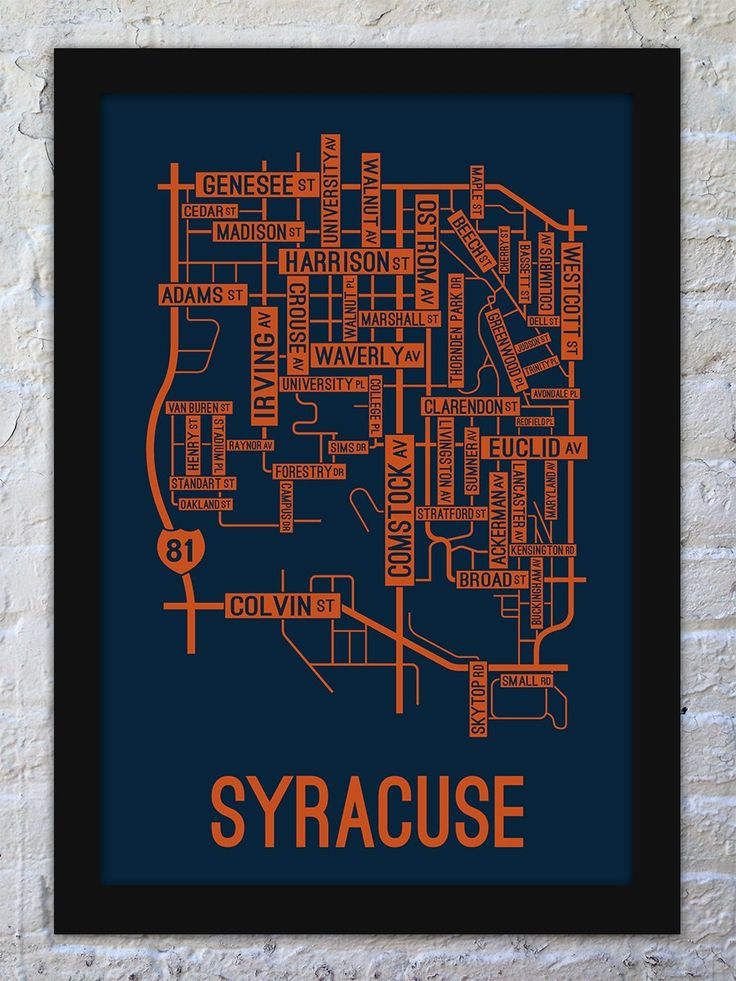 an orange and blue poster with the word syracuse in it's center