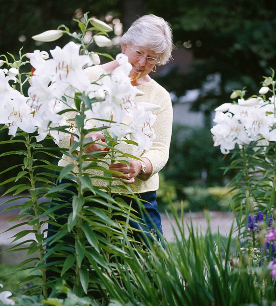 an older woman standing in a garden with white flowers