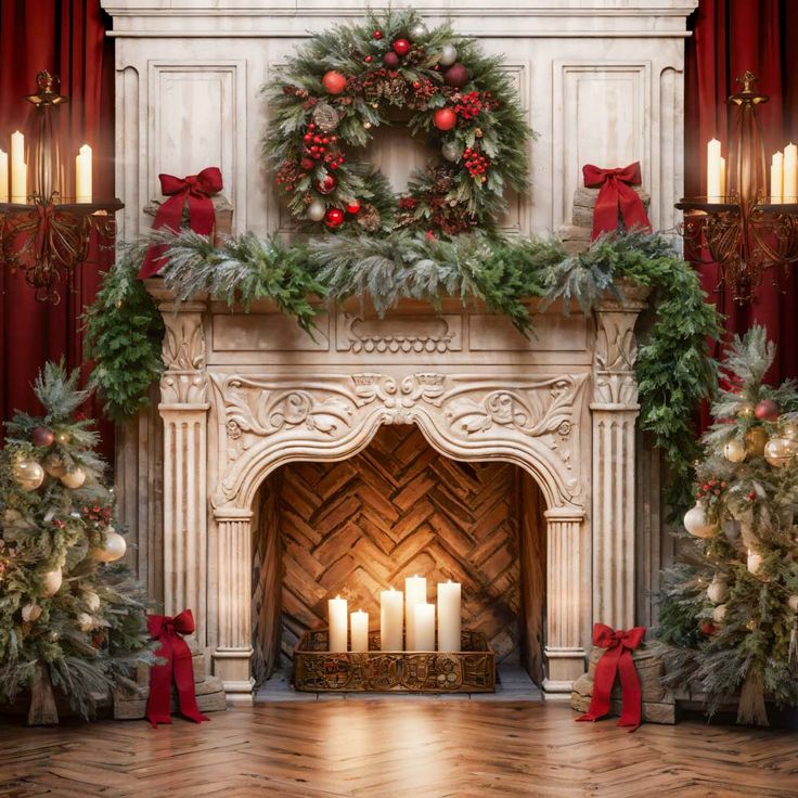 a fireplace decorated for christmas with candles and wreaths