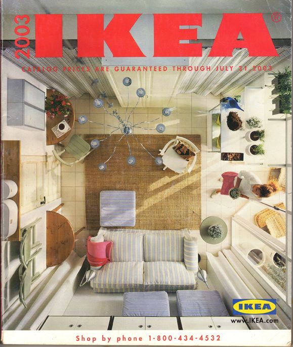 the cover of ikea magazine with an overhead view of a living room and kitchen