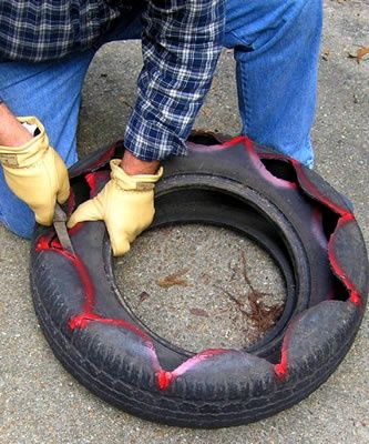 a man is working on an old tire with rubber gloves and yellow rubber work boots