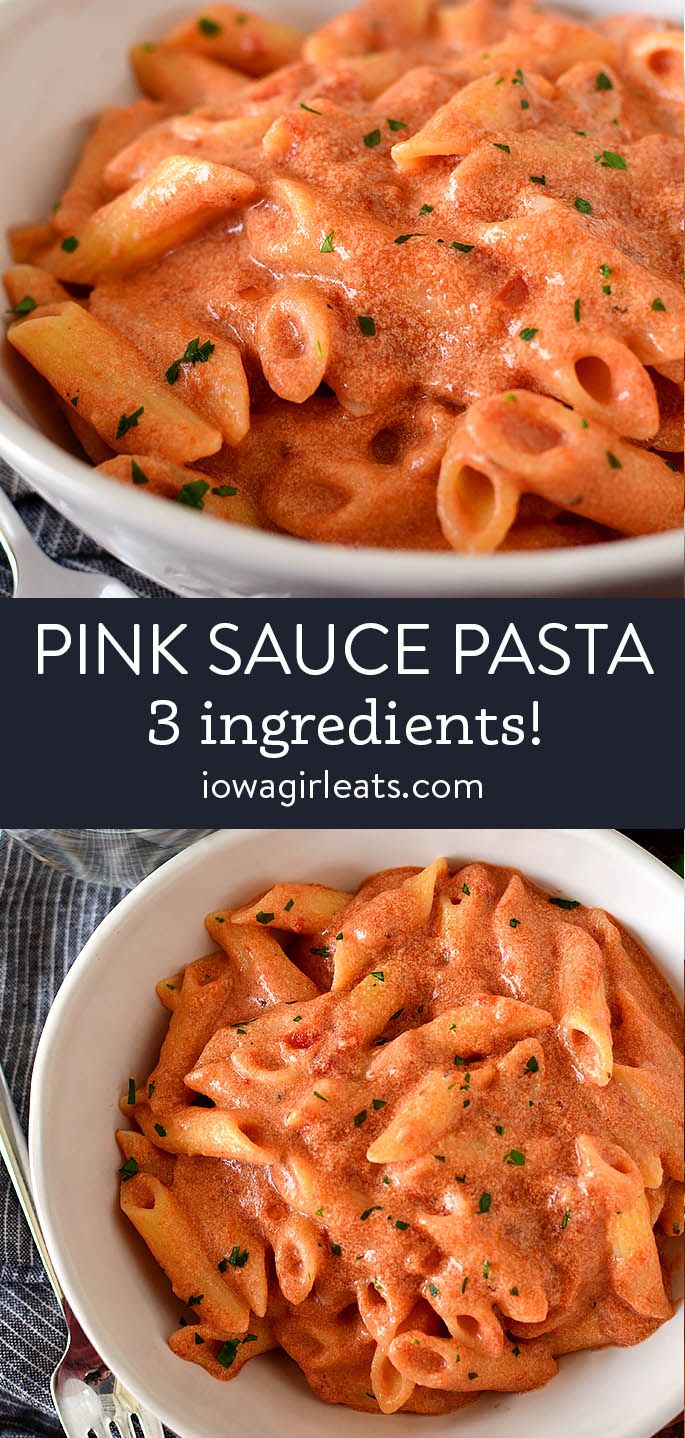 pink sauce pasta in a white bowl with the title above it