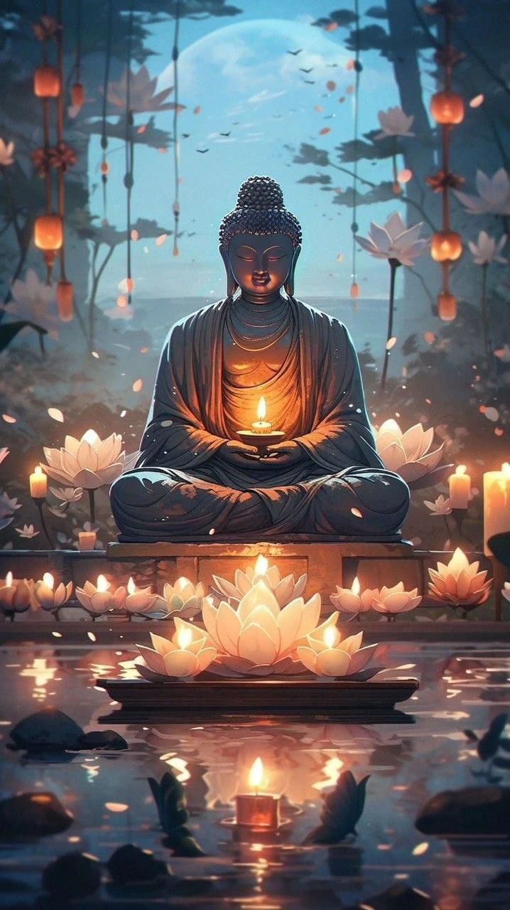 a buddha statue sitting on top of a body of water surrounded by floating candles and lanterns