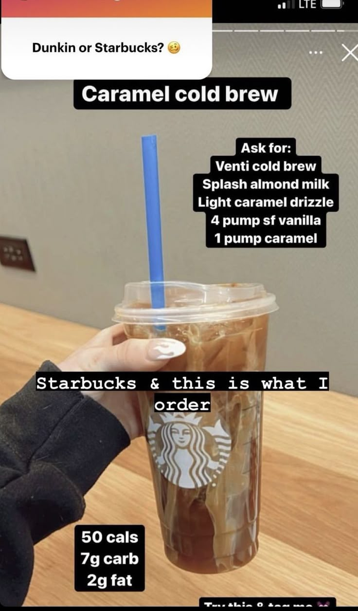 someone holding up a starbucks cold drink with information about it on the screen and instructions for how to order