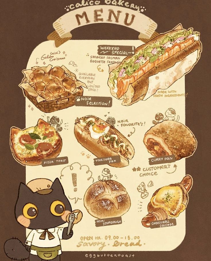 a cat is standing in front of a poster with food on it's side