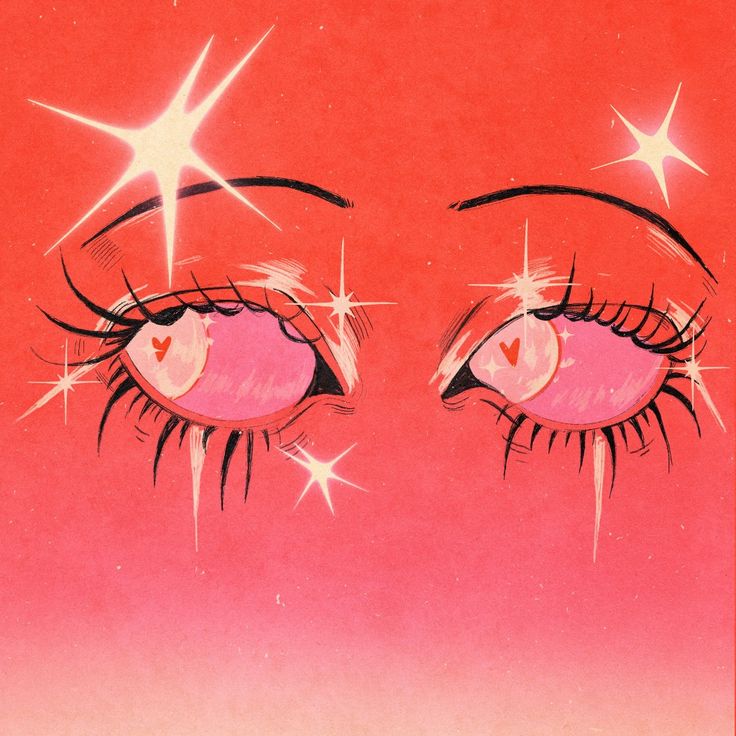 an image of two eyes with stars in the sky above them on a pink and red background