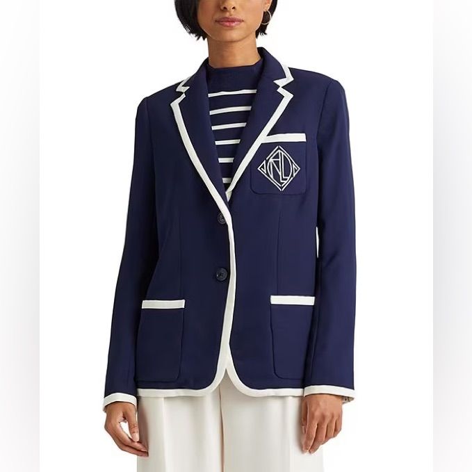 New With Tag Lauren Ralph Lauren, This Blazer Features: Boxy Silhouette Notch Lapel Collar Long Sleeves With Shoulder Pads And Four Button Cuffs Intended To Hit At The Lower Hip Left Chest Patch Pocket Two Front Waist Patch Pockets "Lrl" Diamond-Shaped Logo Embroidered At The Chest Pocket Front Waist Darts Vented Back Hem Two Button Closure Fully Lined Polyester; Lining: Polyester, Elastane Dry Clean Ralph Lauren Blazer, Ralph Lauren Style, Ralph Lauren Womens, Navy Women, Colored Blazer, Blue Jacket, Petite Size, Logo Embroidered, Lauren Ralph Lauren