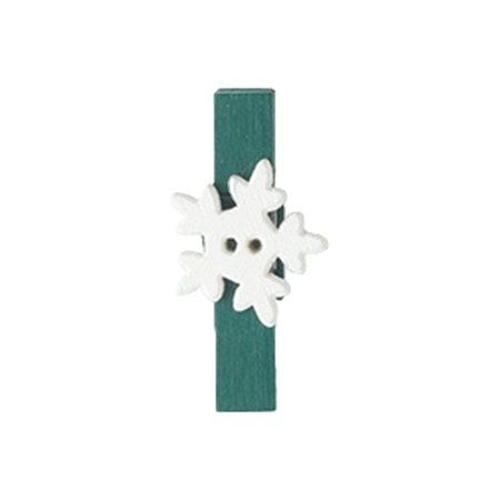 a white snowflake on a green wooden stick