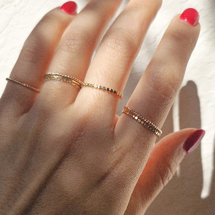 Elevate your style with our handcrafted 14k gold-filled stacking ring. Each ring is meticulously crafted, ensuring that every piece carries the artistry of handmade excellence. The result? A one-of-a-kind ring, as unique as you. This can be your everyday ring. Handcrafted in USA Sold by one ring DETAILS: Hypoallergenic, Water Resistant Material: 14/20 Gold filled Dimensions: Width 1.4mm Note: As each piece is totally handcrafted dimensions and shapes can slightly vary ensuring no two are exactly Handmade Gold Diamond Ring Fine Jewelry, Handmade Gold Diamond Ring In Fine Jewelry Style, Heirloom Stackable Rings, Tarnish Resistant, Everyday Heirloom Style Tarnish Resistant Stackable Rings, Tiny 14k Gold Filled Everyday Jewelry, 14k Gold Filled Fine Jewelry Ring, Fine Jewelry 14k Gold-filled Ring, Handmade Stackable Rings For Everyday Wear, 14k Gold Tarnish Resistant Crystal Ring