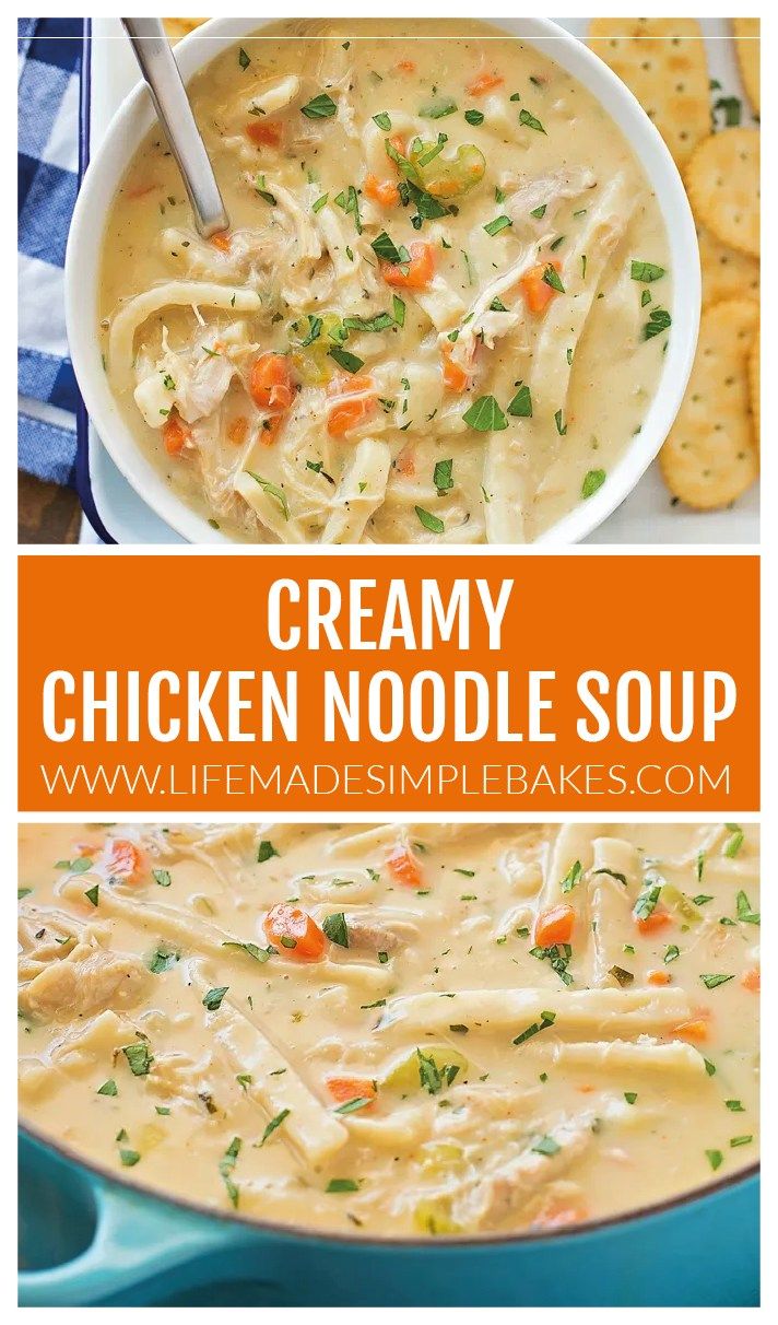 creamy chicken noodle soup in a bowl with crackers