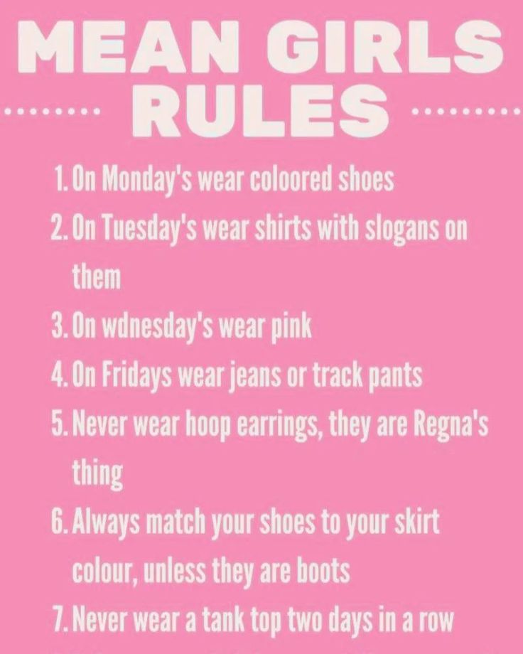 a pink poster with the rules for mean girls rules