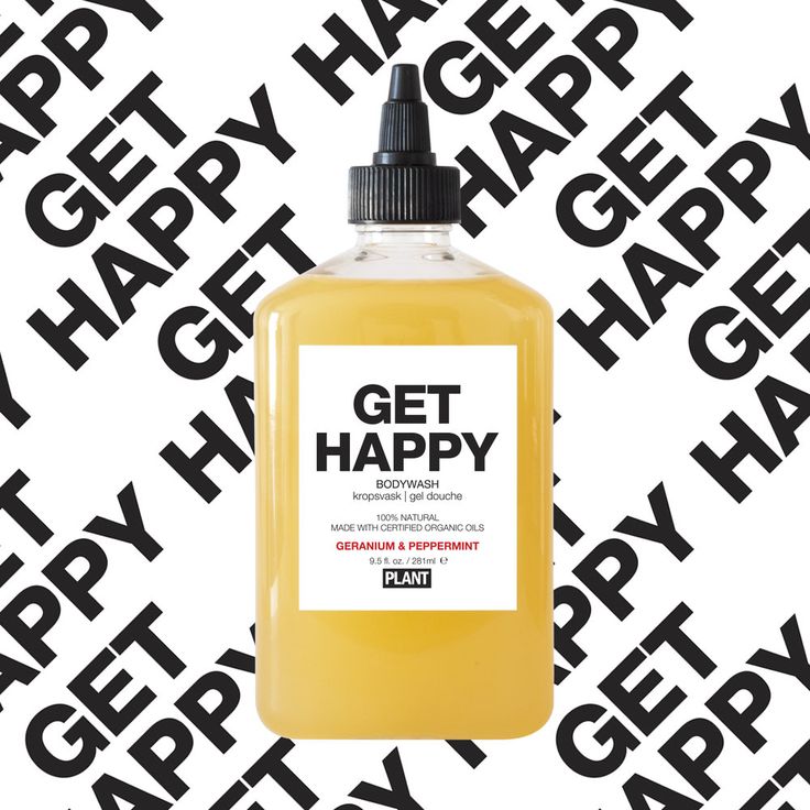 a bottle of get happy liquid on a black and white background