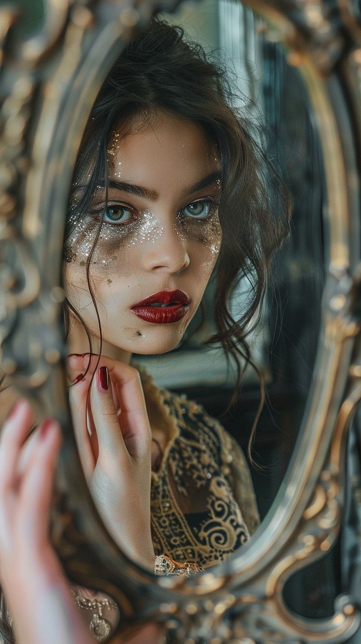 a woman is looking into a mirror with her hand on her face and red lipstick