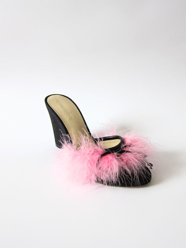 canvas upper faux feather detail leather outsole wedge mule approx 85mm/ 3.35 inch heel made in Italy Faux Feathers, Vegan Design, Leather Bow, Gifts For New Mums, Pearl Jewellery Earrings, Jewelry Ring Box, Leather Bows, Evil Eye Jewelry, Eye Jewelry