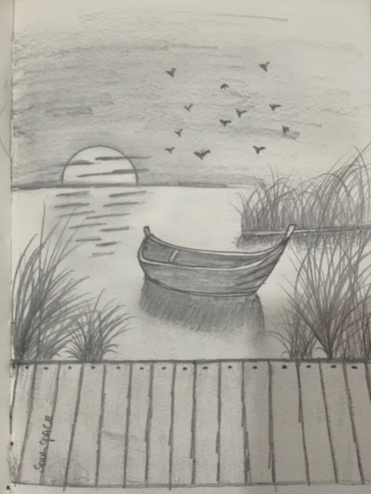 a pencil drawing of a boat in the water with birds flying above it and grass on the shore