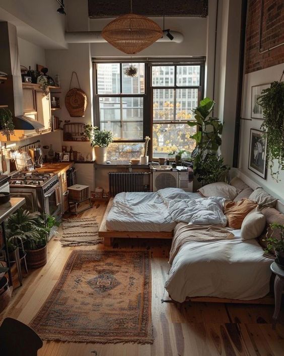 a bed room with a neatly made bed and lots of plants on the windowsill