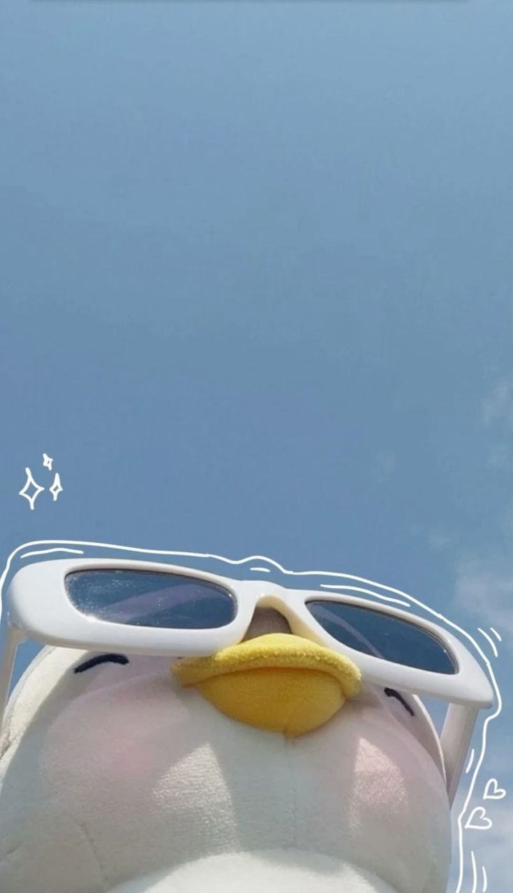 a stuffed animal with sunglasses on it's face looking up at the sky and clouds