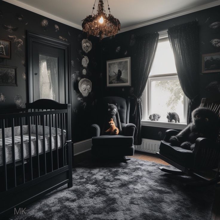 a black and white photo of a baby's room