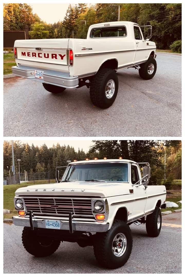 two pictures of an old pickup truck with the word mercury on it's side