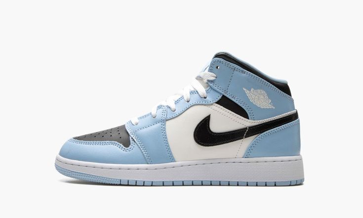 air jordan 1 mid 555112 401 Blue And White Shoes, Mid Jordan 1, Low Jordan 1, Air Jordan 1 Mid Gs, Air Logo, Jordan Mid, Adidas Sl 72, All Jordans, Ice Blue Color