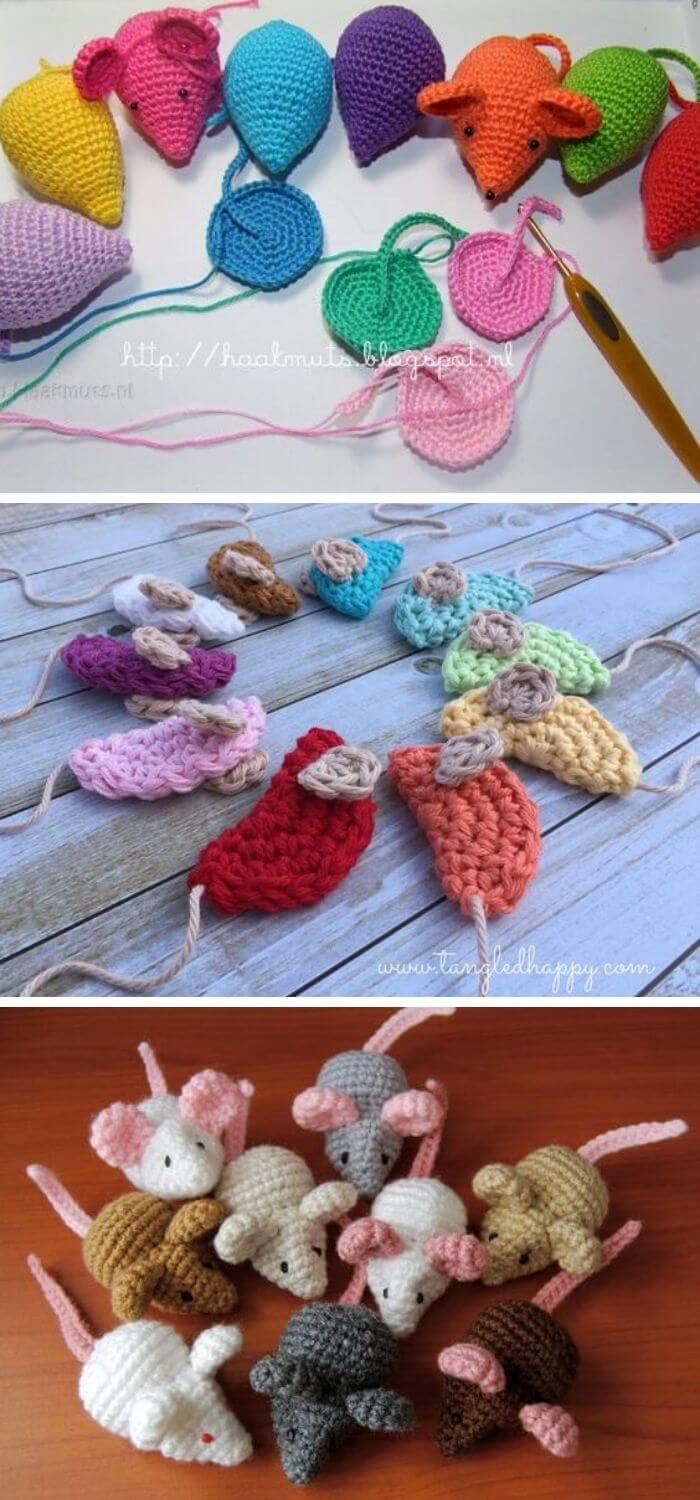 crocheted mice are shown in different colors and sizes