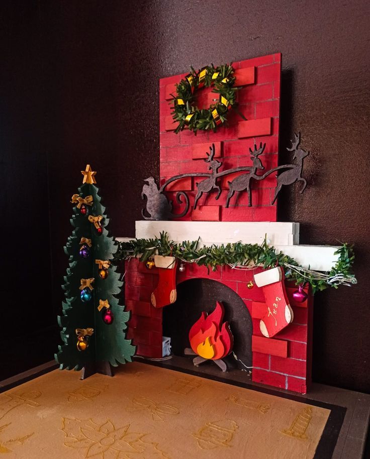 a red brick fireplace decorated with christmas decorations