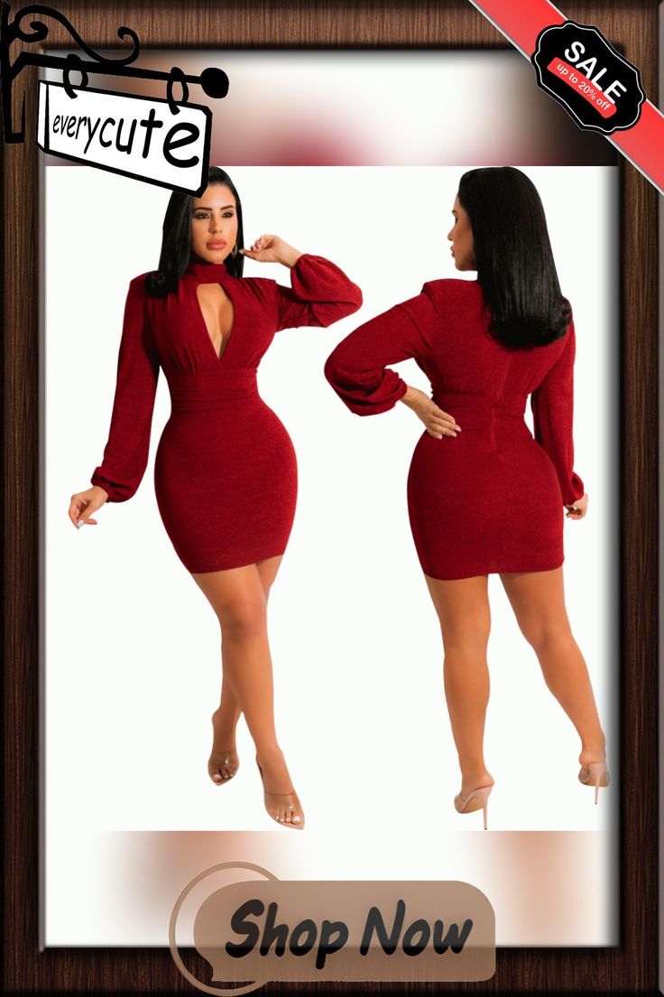 Cut Out O Neck Long Sleeve Party Dress Long Sleeve Solid Color Bodycon Dress For Party, Long Sleeve Bodycon Dress For Date Night, Long Sleeve Bodycon Dress For Night Out And Holidays, Chic Solid Color Bodycon Dress For Date Night, Elegant Solid Color Winter Mini Dress, Chic Long Sleeve Bodycon Party Dress, Stretch Mini Dress With Long Sleeves For Holidays, Knee-length Bodycon Dress For Winter Date Night, Red Bodycon Dress For Fall Parties