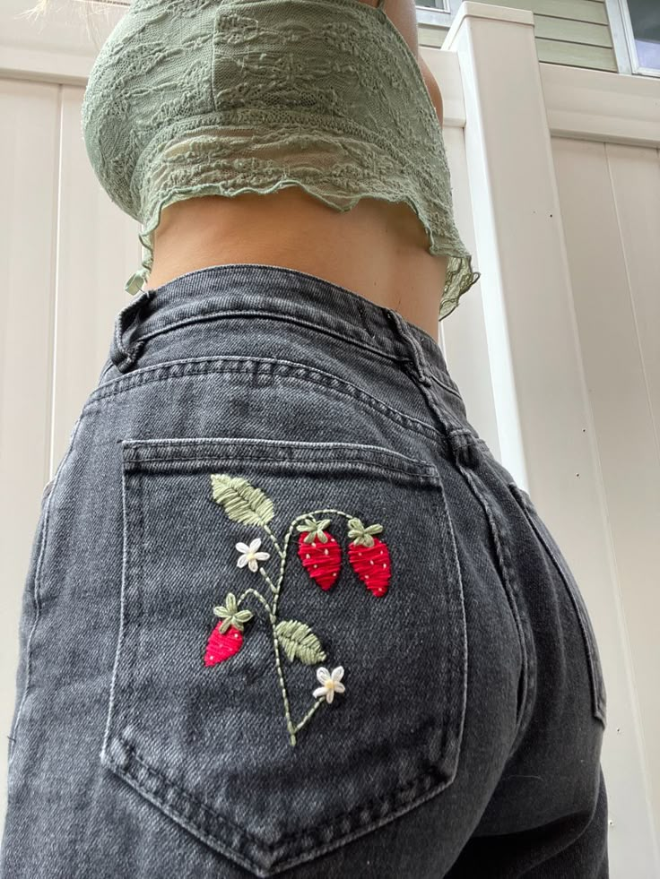 Mushroom Embroidery Jeans, Emboridary Designs Jeans, How To Embroider Strawberries, Cute Jeans Embroidery, Heart Embroidered Jeans, Black Denim Embroidery, Simple Embroidery On Jeans, Black Embroidered Jeans, Embroidered Flowers On Jeans