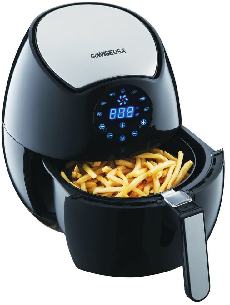 an air fryer with french fries in it and the timer on top is showing