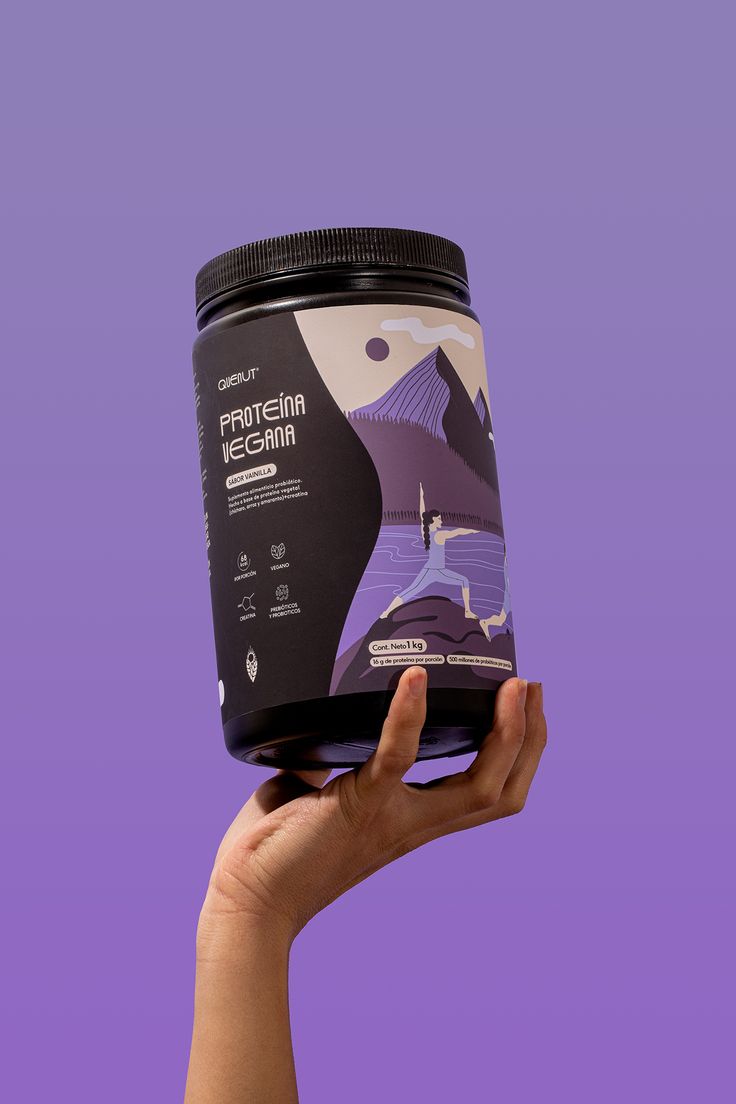 a hand holding up a can of protein gain on a purple background with the image of a mountain