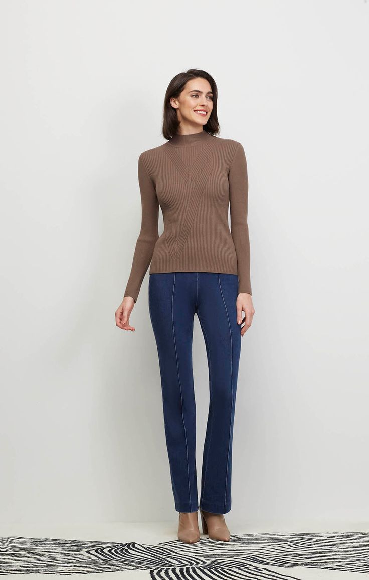 Step up your style game with our luxe, quartz-brown mock turtleneck sweater. Graced by asymmetrical ribbed chevrons and cable-knit columns, it updates your casual look with chic, cozy flair. Mock Turtleneck Sweater, Brown Fits, Fine Yarn, Mock Turtleneck, Fall Collections, Stitch Design, Ribbed Sweater, Spring Collection, Step Up