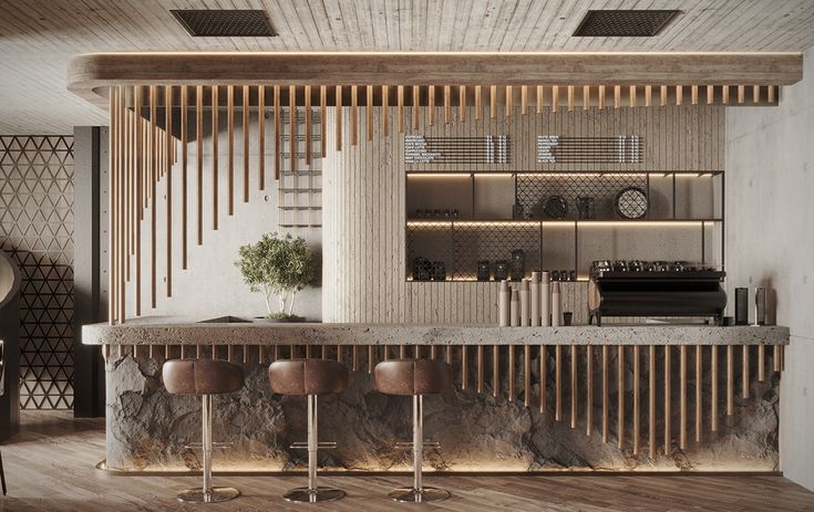 a bar with three stools in front of it and a clock on the wall