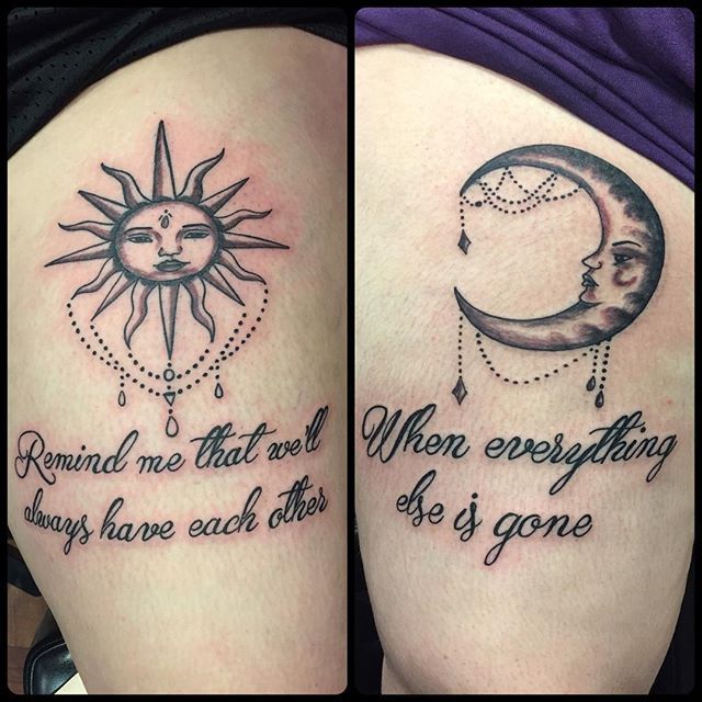 two tattoos with words and a sun on one side, and a moon on the other