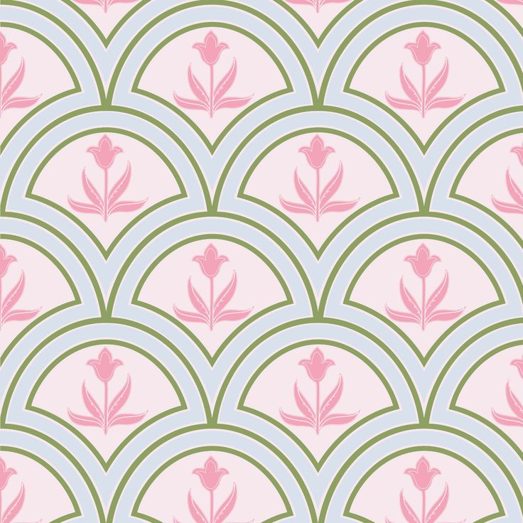 an art deco wallpaper with pink flowers and green circles on the back ground, in pastel colors