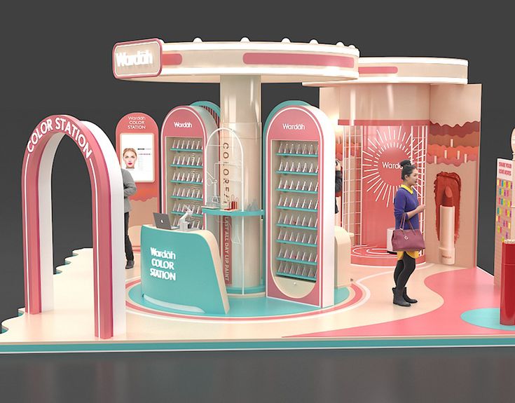 a toy model of a woman in front of a pink and blue store with an arch