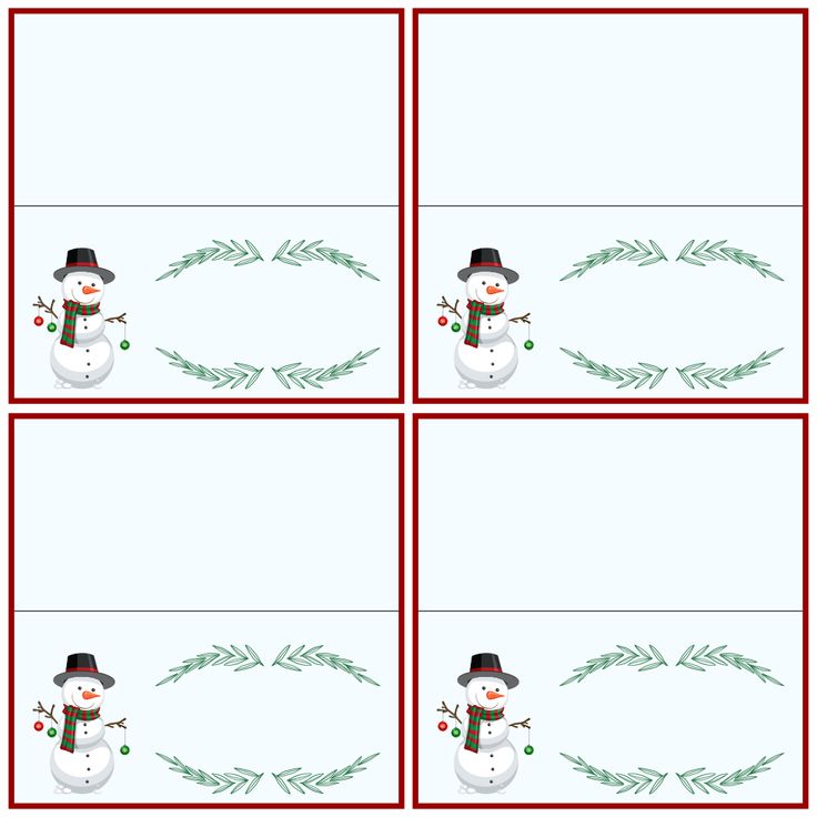 four snowmen with hats and wreaths on their heads are shown in red frames