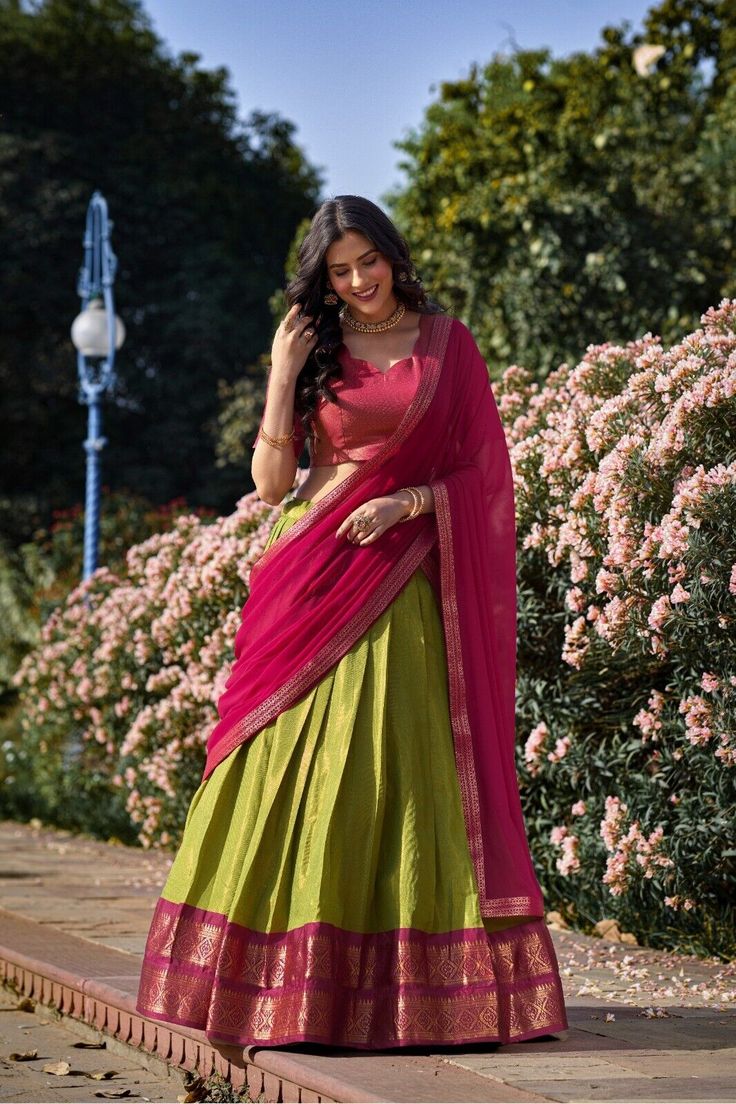 Half Saree Designs South Indian, Kanchipuram Lehenga, Silk Half Saree, Onam Outfits, Lehenga Choli Designs, Simple Lehenga, Half Saree Lehenga, Sari Design, Stitched Lehenga