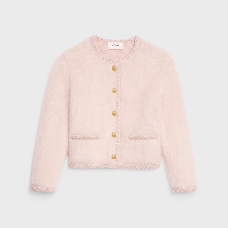 CARDIGAN JACKET IN BRUSHED MOHAIR - Rose Pale | CELINE Celine Mohair Cardigan, Celine Coat, Brushed Mohair, Party Mode, Mohair Cardigan, Handbags Leather, Rose Pale, Cardigan Jacket, Party Fashion