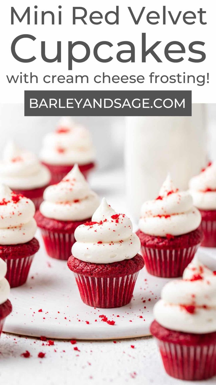 mini red velvet cupcakes with cream cheese frosting on a white platter