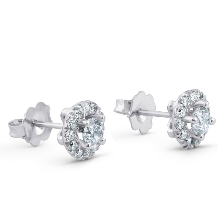 Matching pair of high quality womens earrings features two 1/4ct round brilliant cut center diamonds and 24 round brilliant cut accent diamonds.  All diamonds are prong set in solid 14k white gold with medium weight secure push backs. Anniversary Brilliant Cut Cluster Diamond Earrings, Cluster Brilliant Cut Diamond Earrings For Anniversary, Anniversary Cluster Diamond Earrings With Brilliant Cut, 14k White Gold Diamond Earrings With Halo Design, 14k White Gold Halo Diamond Earrings, Diamond White Cluster Earrings With Diamond Accents, Anniversary Cluster Diamond Earrings With Accents, Classic Cluster Earrings With Diamond Accents And Round Cut, Diamond White Cluster Diamond Earrings With Halo Setting