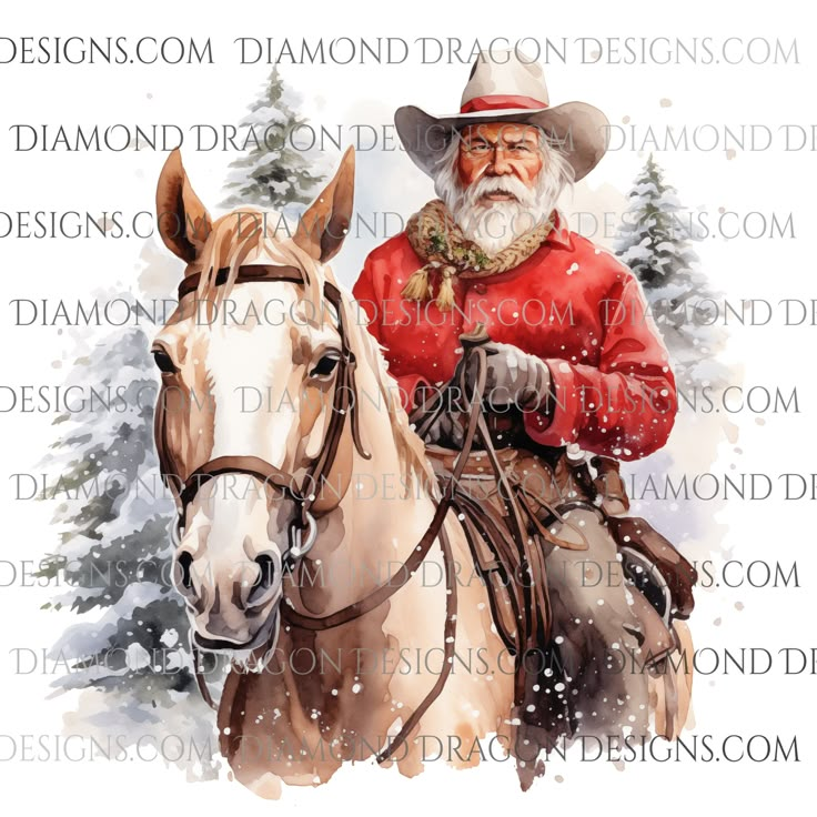 a man riding on the back of a brown horse next to a snow covered forest