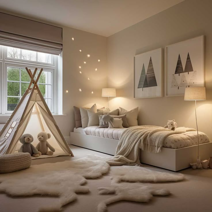 a child's bedroom with a teepee tent and teddy bears on the floor